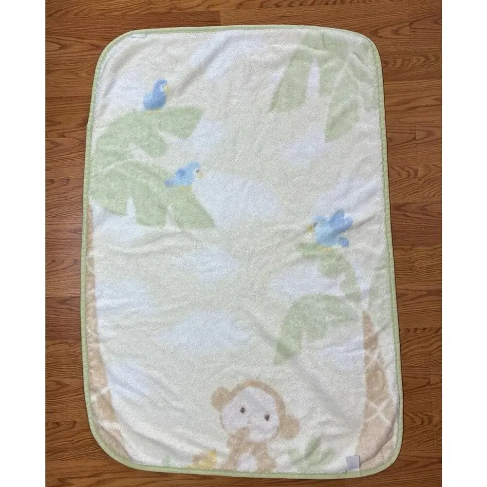 Carters Monkey Baby Blanket Fleece Plush Green Yellow Palm Tree Jungle Blue Bird